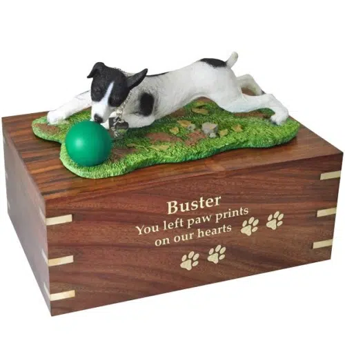 Jack Russell Terrier dog figurine cremation memorial urn, engraved wood, gold fill