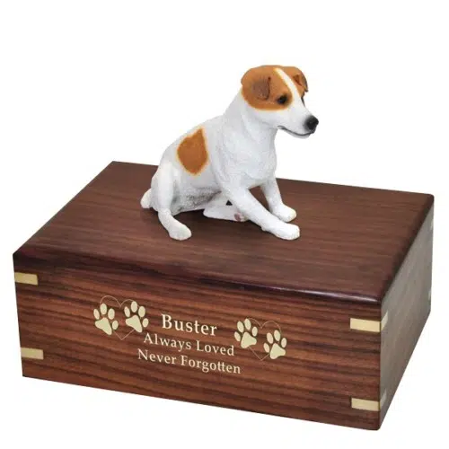 Jack Russell Terrier dog figurine cremation memorial urn, engraved wood, gold fill