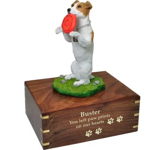 Jack Russell Terrier dog figurine cremation memorial urn, engraved wood, gold fill