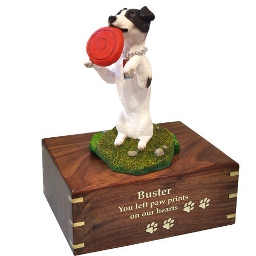 Jack Russell Terrier dog figurine cremation memorial urn, engraved wood, gold fill