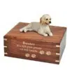 Labradoodle dog figurine cremation memorial urn, engraved wood, gold fill