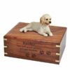 Labradoodle dog figurine cremation memorial urn, engraved wood