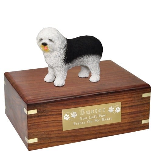 Old English Sheepdog dog figurine cremation memorial urn, engraved plaque