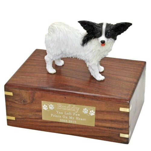 Papillon dog figurine cremation memorial urn, engraved plaque