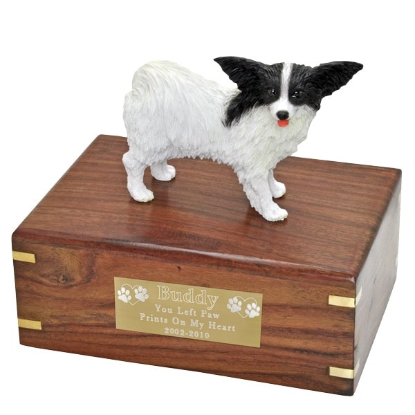 Papillon dog figurine cremation memorial urn, engraved plaque