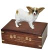 Papillon dog figurine cremation memorial urn, engraved wood, gold fill