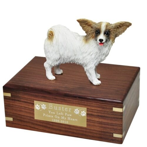 Papillon dog figurine cremation memorial urn, engraved plaque