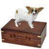 Papillon dog figurine cremation memorial urn, engraved wood