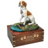 Pointer dog figurine cremation memorial urn, engraved wood, gold fill