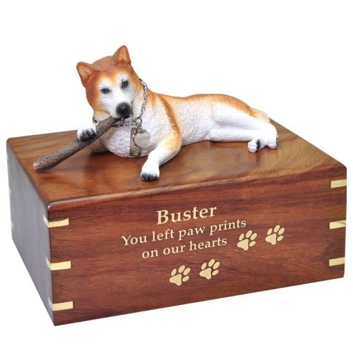 Red husky dog figurine cremation memorial urn, engraved wood, gold fill