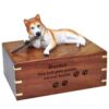 Red husky dog figurine cremation memorial urn, engraved wood