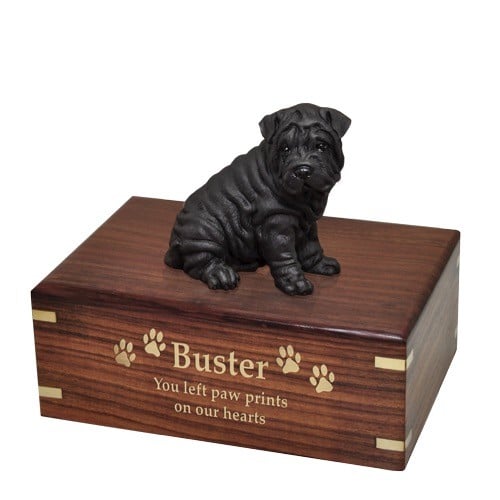 Shar Pei dog figurine cremation memorial urn, engraved wood, gold fill