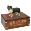 Sheltie dog figurine cremation memorial urn, engraved wood, gold fill