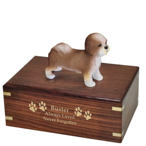 Shih Tzu, puppy cut dog figurine cremation memorial urn, engraved wood, gold fill