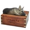 Silver and Black German Shepherd dog figurine cremation urn, with engraved wood