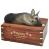 Silver and Black German Shepherd dog figurine cremation urn, with engraved wood, gold fill