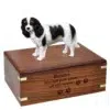 Tricolor Cavalier King Charles Spaniel dog figurine cremation urn, with engraved wood