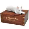 White German Shepherd dog figurine cremation urn, with engraved wood, gold fill