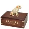 Yellow Labrador Retriever dog figurine cremation urn, with engraved wood, gold fill