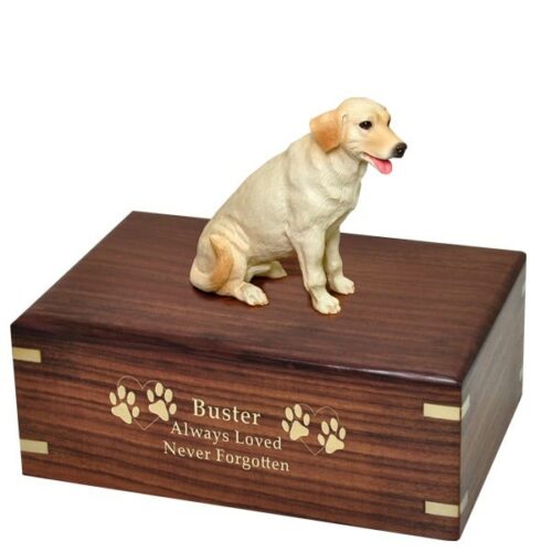 Yellow Labrador Retriever dog figurine cremation urn, with engraved wood, gold fill