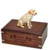 Yellow Labrador Retriever dog figurine cremation urn, with engraved wood