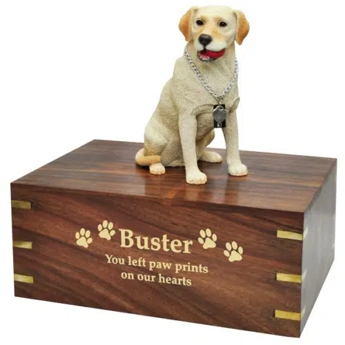 Yellow Labrador Retriever dog figurine cremation urn, with engraved wood, gold fill