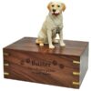 Yellow Labrador Retriever dog figurine cremation urn, with engraved wood