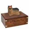 Yorkshire Terrier yorkie dog figurine cremation memorial urn, engraved wood