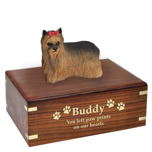 Yorkshire Terrier yorkie dog figurine cremation memorial urn, engraved wood, gold fill