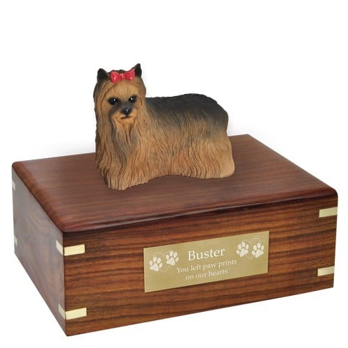 Yorkshire Terrier yorkie dog figurine cremation memorial urn, engraved plaque