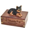 Yorkshire Terrier yorkie dog figurine cremation memorial urn, engraved wood