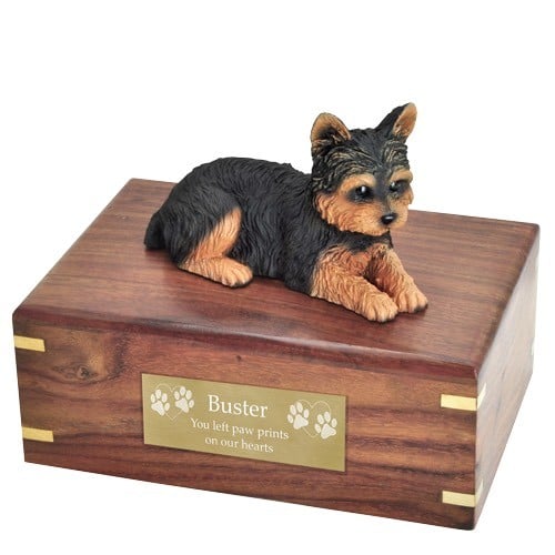 Yorkshire Terrier yorkie dog figurine cremation memorial urn, engraved plaque