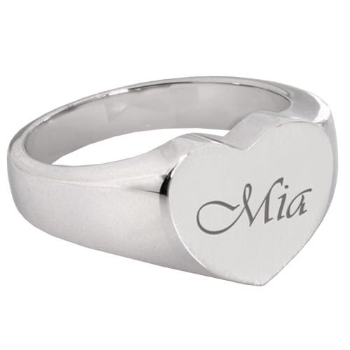 Bold Heart Memorial Cremation Ring, script engraving, sterling silver