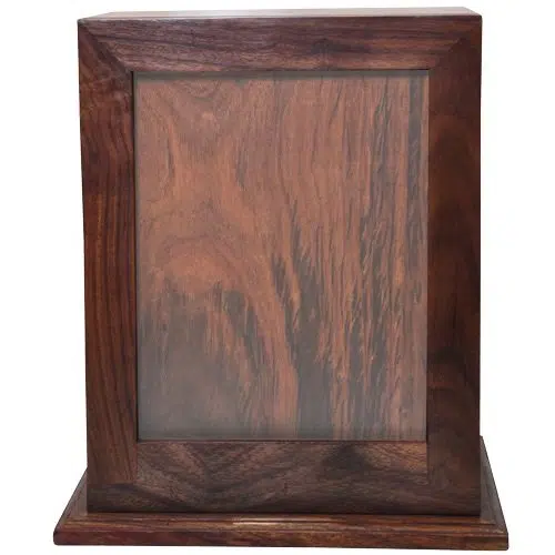 Rosewood wood cremation urn with photo holder, no plaque