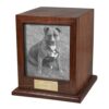 Rosewood wood cremation urn with photo holder, black & white dog photo