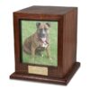 Rosewood wood cremation urn with photo holder, color dog photo