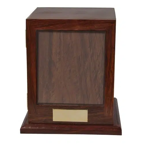 Rosewood wood cremation urn with photo holder, no photo