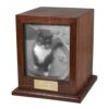 Rosewood wood cremation urn with photo holder, black & white cat photo