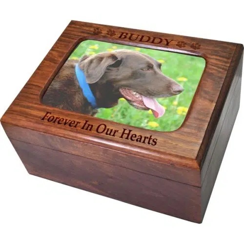 Wood memory chest pet photo urn with engraved top