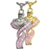 Ribboned heart memorial cremation pendant, pink stones