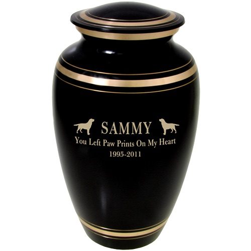 Traditional vase urn for pet ashes, black with gold trim, engraving