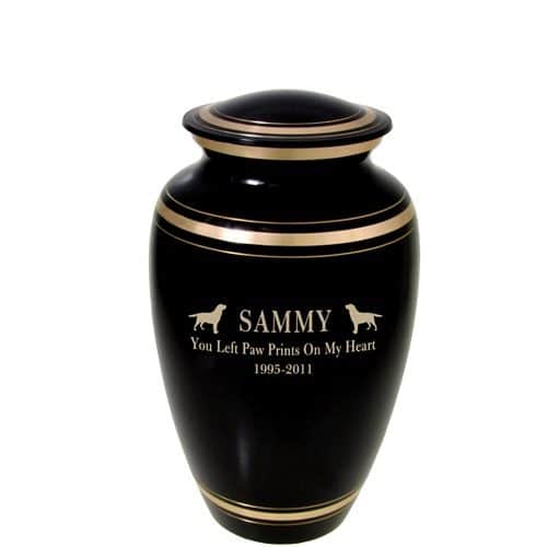 Traditional vase cremation urn for pet ashes, black with gold trim, engraved