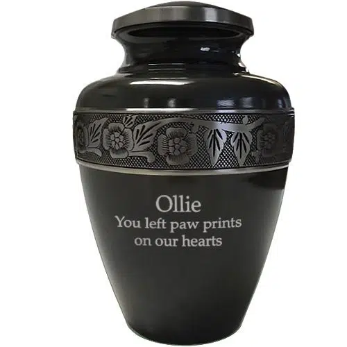 Traditional vase urn for pet ashes, gunmetal color, block engraving