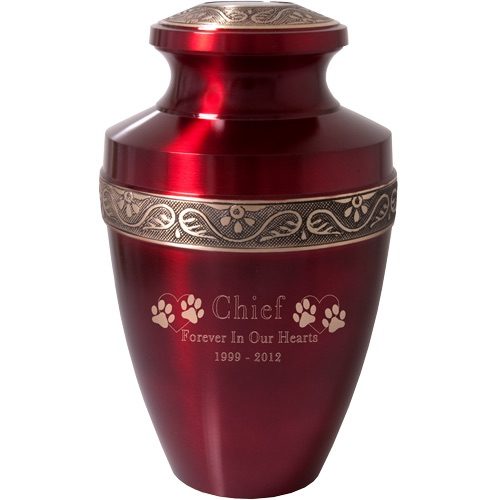 Traditional vase urn for pet ashes, scarlet red color, engraving