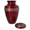 Traditional vase urn for pet ashes, scarlet red color, open lid