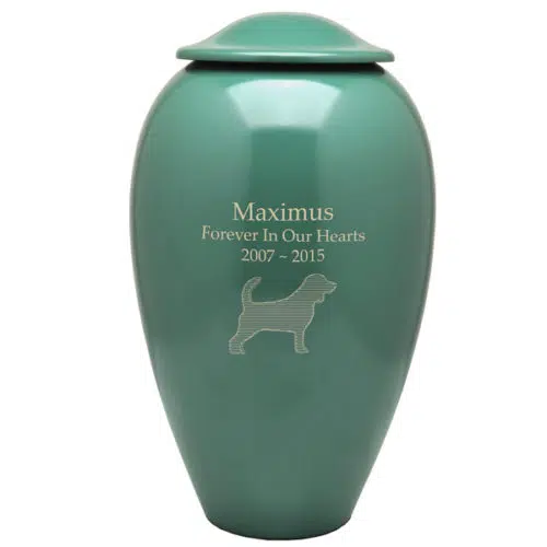 Traditional brass vase pet memorial urn, green color, engraved