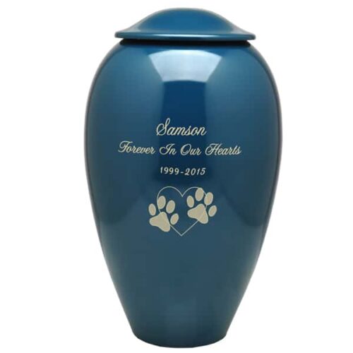 Traditional brass vase pet memorial urn, blue color, engraved