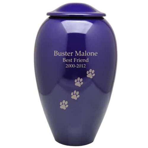 Traditional brass vase pet memorial urn, purple color, engraved