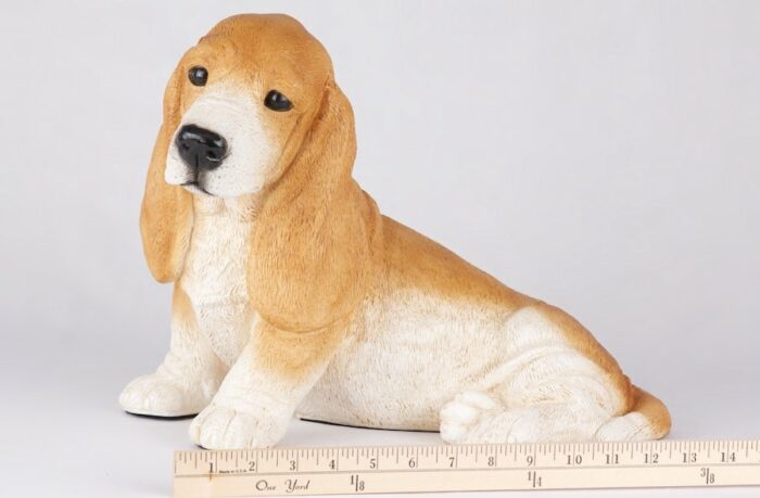 Basset Hound pet dog cremation urn figurine, with ruler