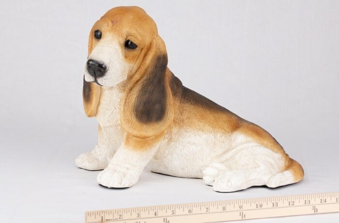 Basset Hound pet dog cremation urn figurine, with ruler